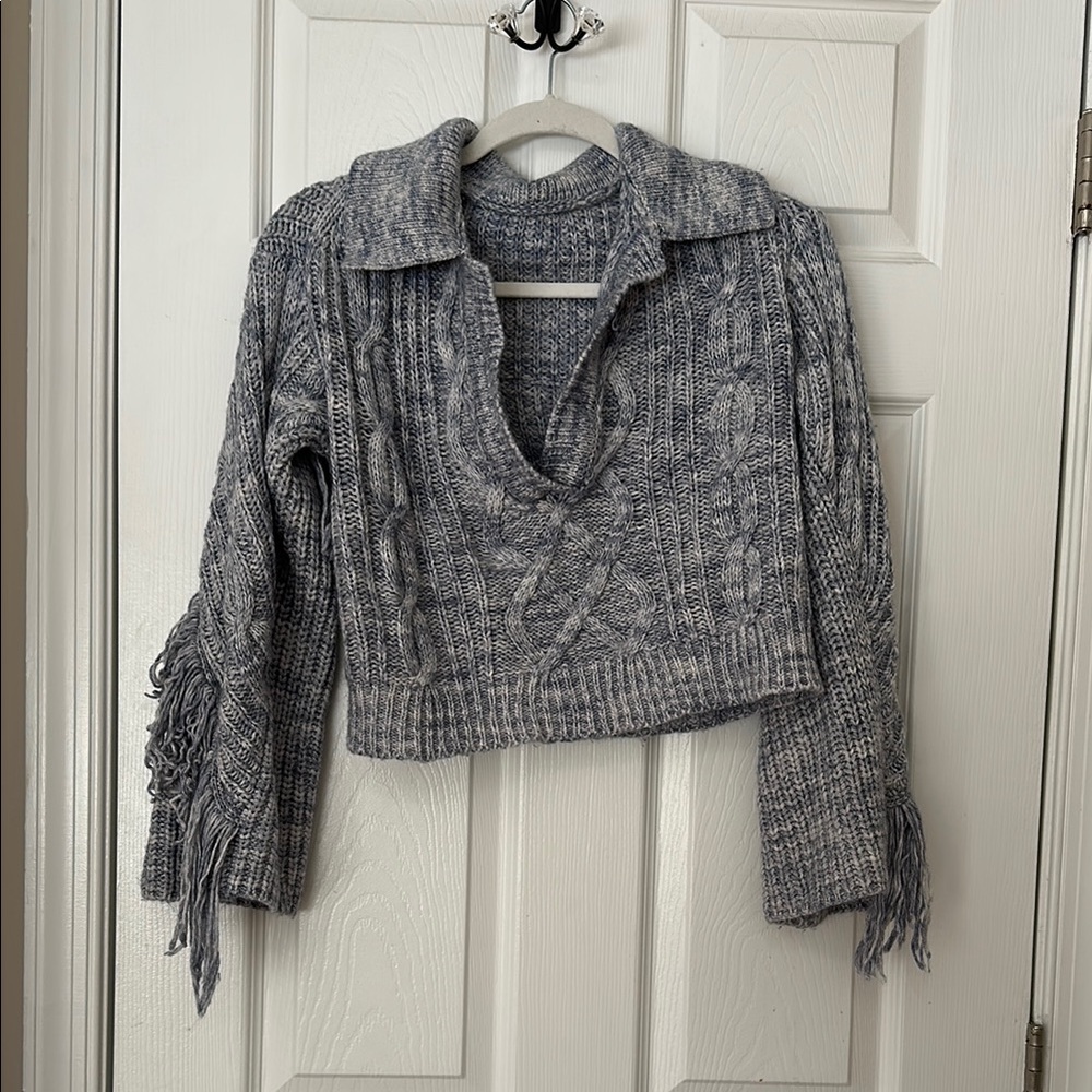 Cropped Blue Cable Knit Women's Sweater